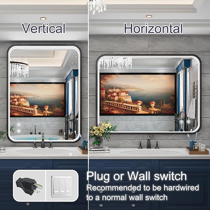 40x30 Inch Black LED Mirror Bathroom with Lights, 3000K/4500K/6000K, Wall Mounted Lighted Vanity Mirrors for Bathroom, Anti-Fog, Stepless Dimmable, Memory Funtion, Horizontal/Vertical