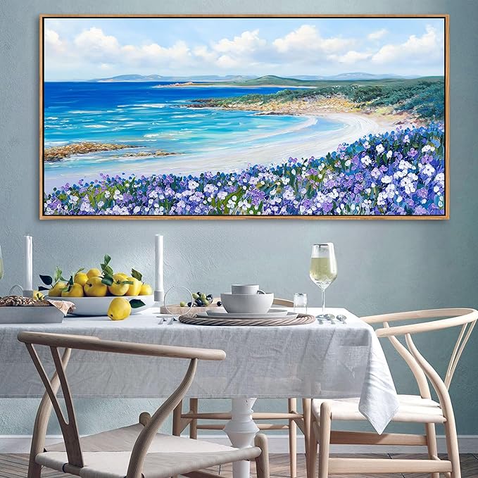 Mofutinpo Coastal Beach Wall Art,Large Purple Flower Landscape Canvas Wall Art for Living Room & Bedroom Decor, Framed Blue Beach Pictures & Paintings for Walls,Ocean Artwork for Home & Office 29x58IN