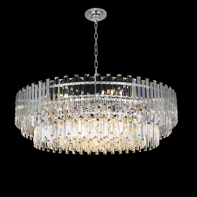 39" Modern Crystal Chandelier, 3-Tier Chrome Pendant Light with 17 Lights, Luxury K9 Crystal Ceiling Fixture for Dining Room Living Room Foyer