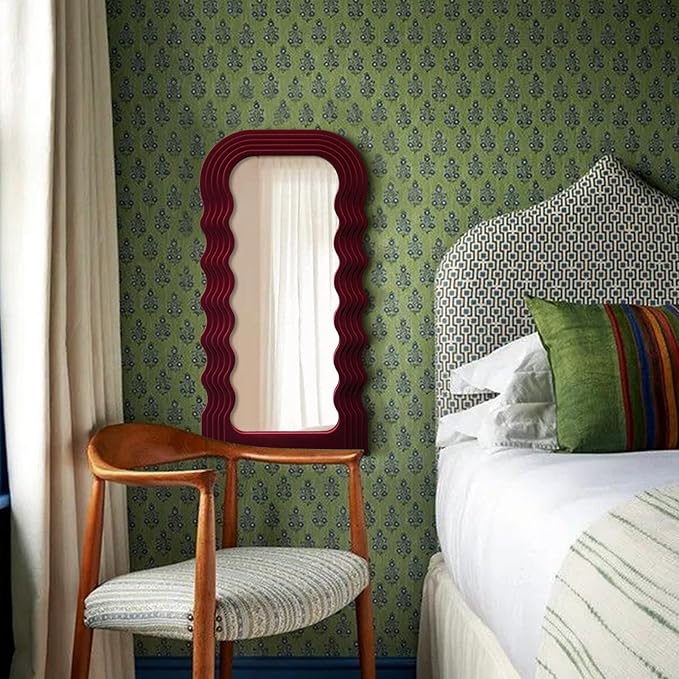 Mirror Wall Decor for Vintage Living Room Bedroom, 14x28 Asymmetrical Decorative Mirror for Entryway Porch Staircase, Retro Modern Hanging Wall Art Gift for Grandma Mom Sister (Wine Red)