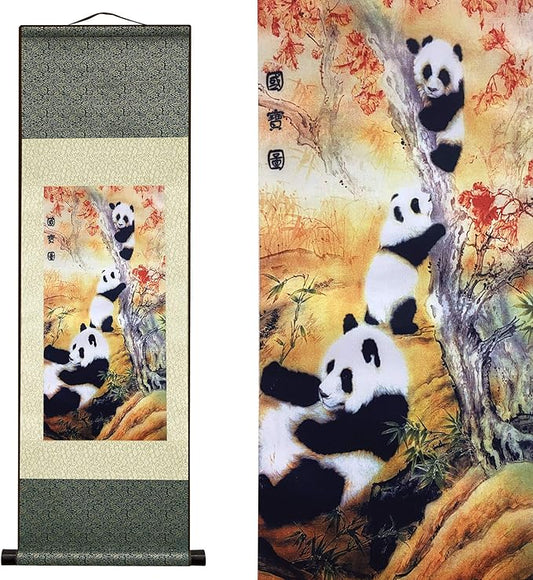 AtfArt Asian Wall Decor Beautiful Silk Scroll Painting National Treasure Chinese Panda Oriental Decor Chinese Art Wall Scroll Wall Hanging Painting Scroll (39 x 12 in)