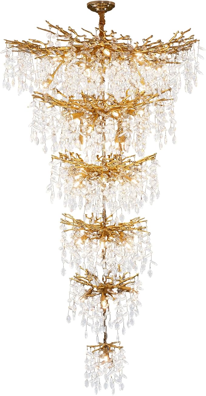 Modern Long Staircase K9 Chandeliers, Luxury Gold 6-Tier Large Foyer Entrance Chandeliers for High Ceiling Big Crystal Chandelier(Height 75 Inch 43 Lights)