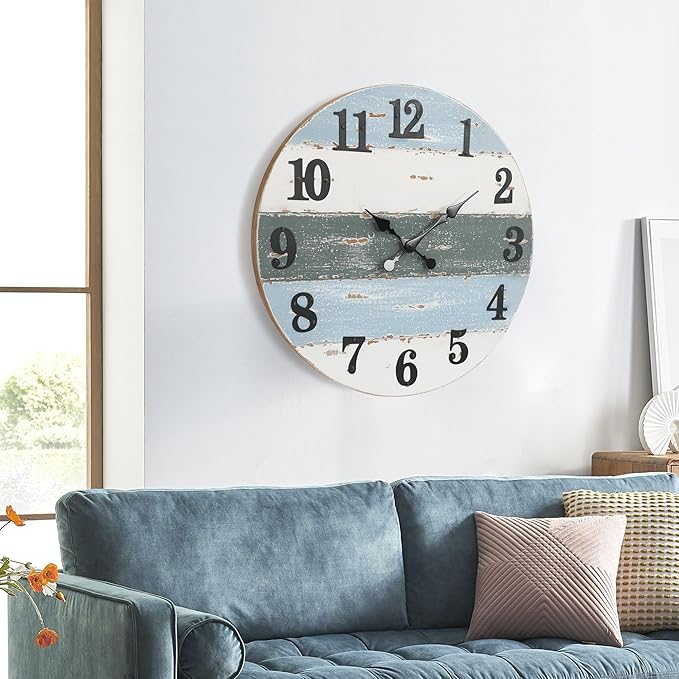 24" Large Beach Coastal Nautical Wall Clock, Wooden Wall Clocks Battery Operated,Vintage Farmhouse Decorative for Living Room, Kitchen, Home, Bedroom, Laundry Room, Blue