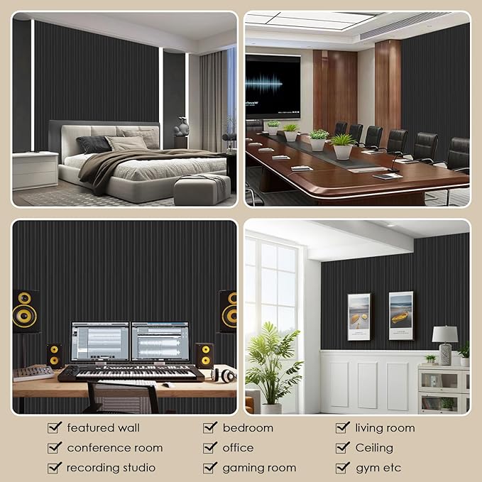 16-Pack 3D Slat Wall Panels — Soundproof Faux Wood Panels for Interior Décor, 48.2" x 6.3", Modern Wall Cladding for Living Room, Bedroom, Office — Black Finish