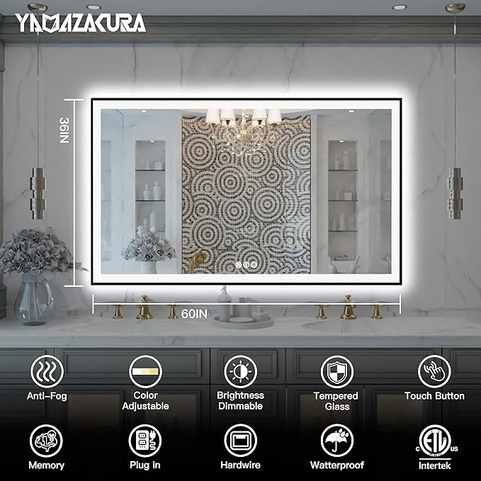 LED Mirror for Bathroom 60x36 - Vanity With Backlit and Front Light, Framed Dimmable Illuminated for Wall, Anti-Fog, Shatterproof, Memory, 3 Colors (Horizontal/Vertical)