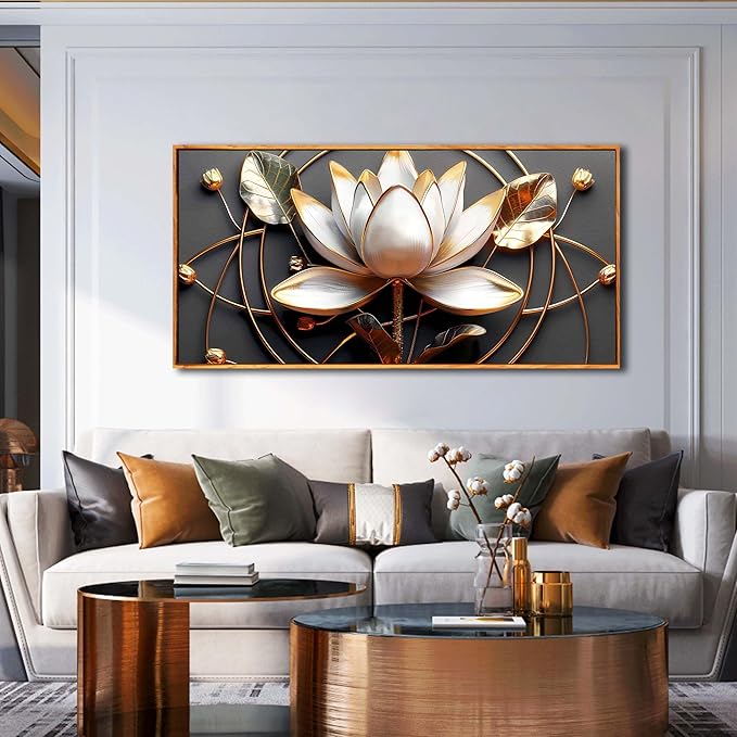 Lotus Flower Wall Art for Bedroom, Floral Canvas Wall Decor for Living Room, Black White and Gold Picture Print, Size 48 x 24 Inches Framed