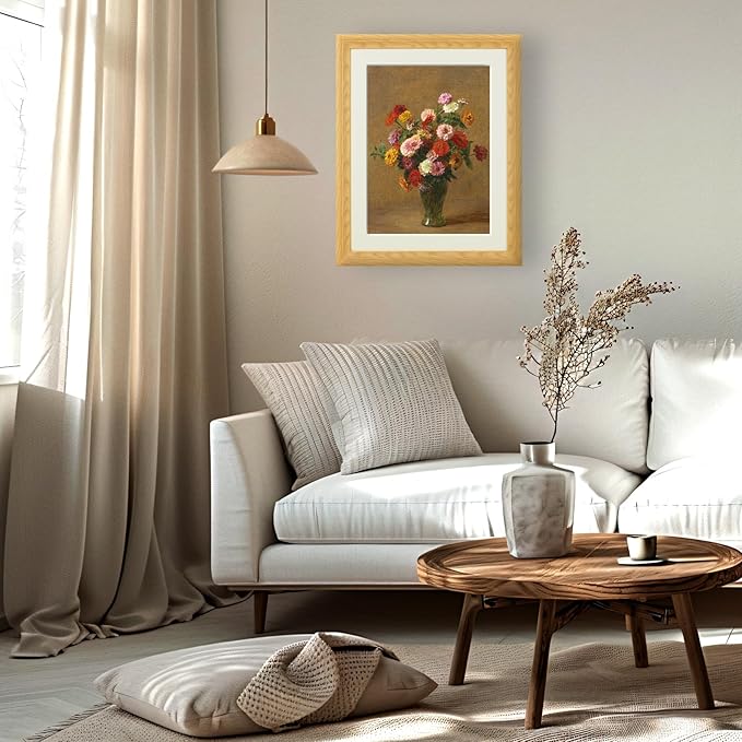 Brivoria Framed Canvas Wall Art Vintage Decor, Majestic Autumn Floral Still Life with Colorful Zinnias and Warm Rustic Tones for Living Room Bedroom Dining Room Fireplace or Gallery Display, 16"x20"