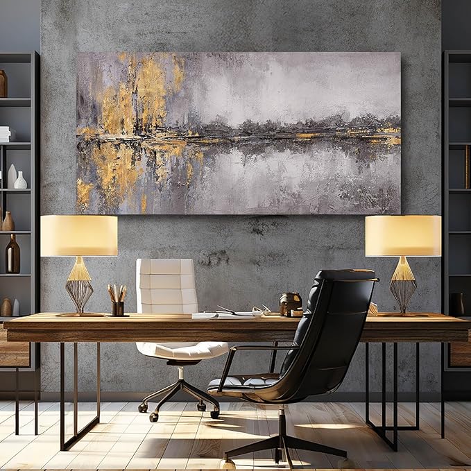 Abstract Wall Art Framed Canvas Wall Decor Gold Grey Pictures Vintage Prints Artwork for Living Room Dinning Room 29"x58"
