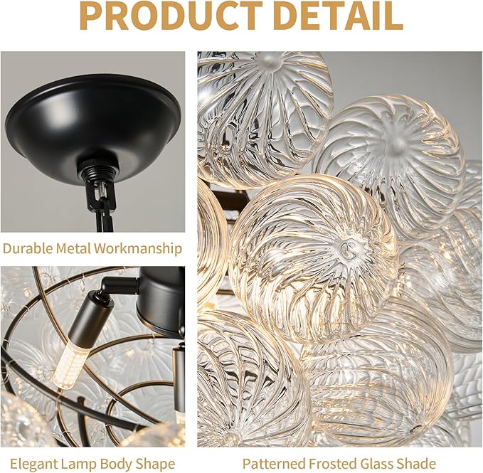Nordic Bubble Ball Swirled Modern Chandelier,Dia 20 Inch Bubble Chandelier Lighting, Black and Clear Glass Chandelier,for Bedroom Study Restaurant