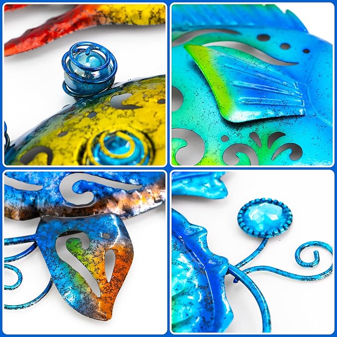 Metal Ocean Beach Theme Wall Decor Art, Set of 4 Sea Turtle Seahorse Crab Tropical Fish Indoor Bathroom Décor, 11 Inch Deep Blue Sea Wall Decoration, Metal Outdoor Christmas Decor Yard Art Christmas Decorations Gift