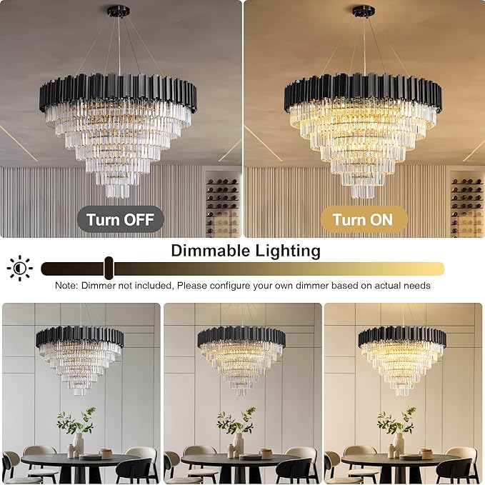 7-Tier 39" Black Chandelier, 21-Light Modern Crystal Chandelier, Luxury Round K9 Crystal Chandeliers Pendant Light Fixture for Dining Room, Living Room, Bedroom, Foyer, Entryway, Kitchen, Restaurant