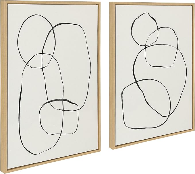 Kate and Laurel Sylvie Modern Circles and Going in Circles Framed Linen Textured Canvas Wall Art Set by Teju Reval of SnazzyHues, 2 Piece 23x33 Natural, Decorative Abstract Art Prints for Wall