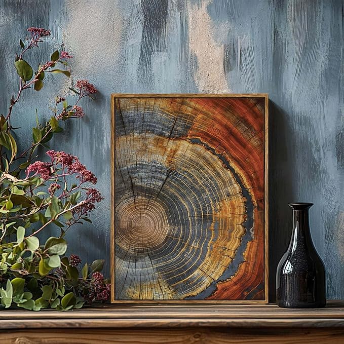 BingruiArt Framed Tree Ring Canvas Wall Art Red and Gold Abstract Wood Wall Decor Boho Modern Colorful Nature Prints Pictures Poster for Living Room Bedroom Bathroom Office 12"x16" Natural Framed(03)