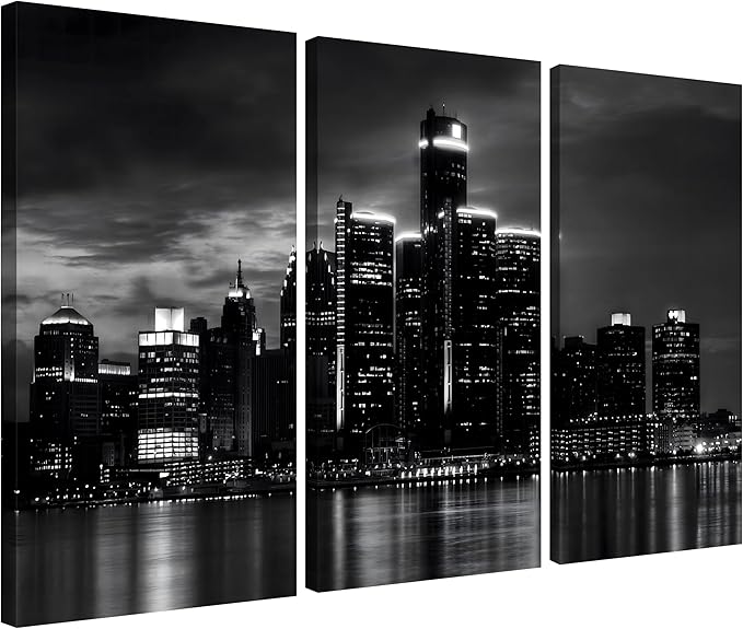 NAN Wind 3 Pcs Detroit Skyline Canvas Wall Art Cityscape Night Scene Black and White City Art Print on Canvas Modern Giclee Framed Painting for Room Decor Home Decor Detroit Skyline Picture Prints