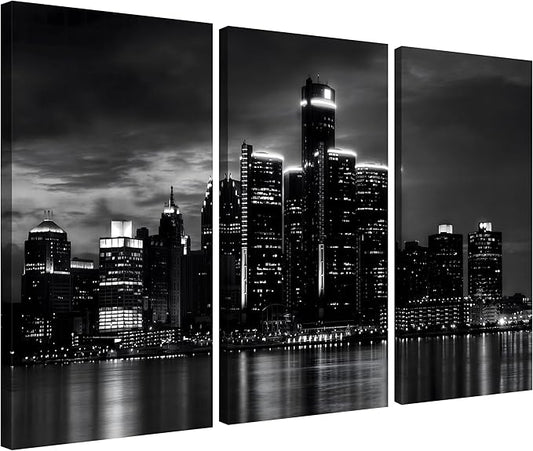 NAN Wind 3 Pcs Detroit Skyline Canvas Wall Art Cityscape Night Scene Black and White City Art Print on Canvas Modern Giclee Framed Painting for Room Decor Home Decor Detroit Skyline Picture Prints