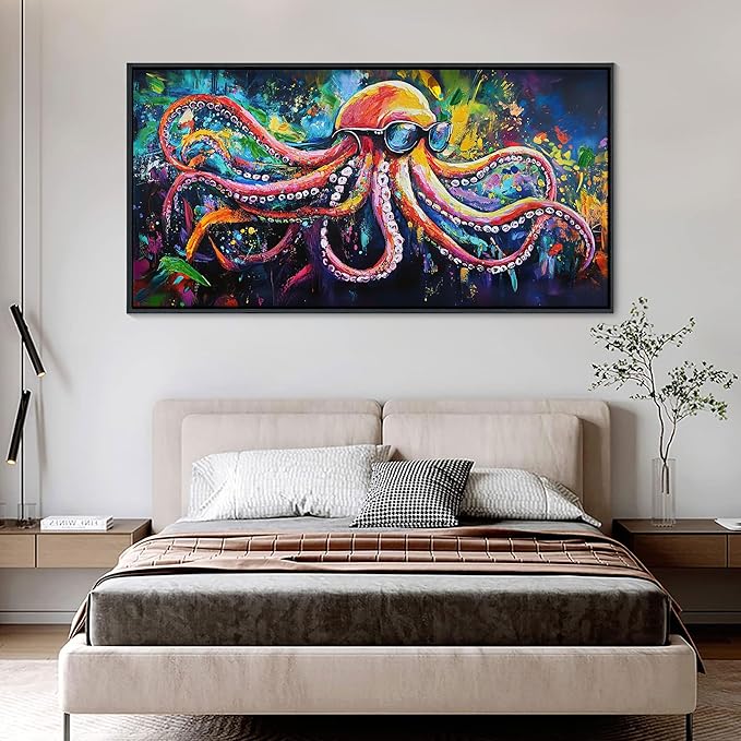 JEAWA Large Framed Wall Art - Funny Octopus Wearing Sunglasses Modern Street Graffiti Texture Wall Painting for Living Room Bedroom Teenage Boy Room Game Room Cool Posters Decor 24x48 IN