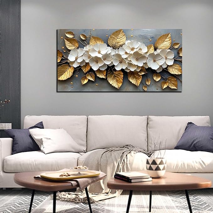 CANEITO Flower Wall Art for Living Room, White Plum Blossom and Golden Leaves Wall-Decor for Bedroom, Natural Canvas Prints Pictures for Hallway Office, Size 40x20 Inches