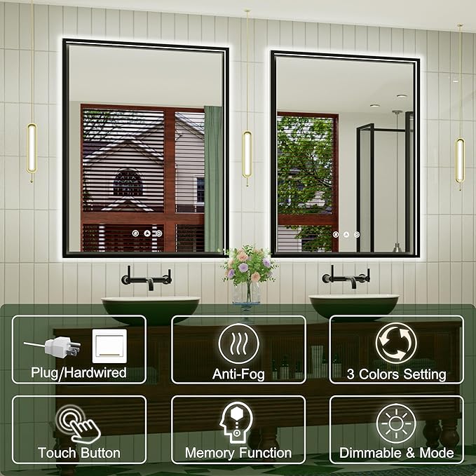 28x36 Inch Black LED Bathroom Mirror with Front & Back Ligths, Adjustable 3000K/4500K/6000K, Lighted Bathroom Vanity Mirror, Memory, Dimmable, Anti-Fog, Wall Mounted, Horizontal/Vertical