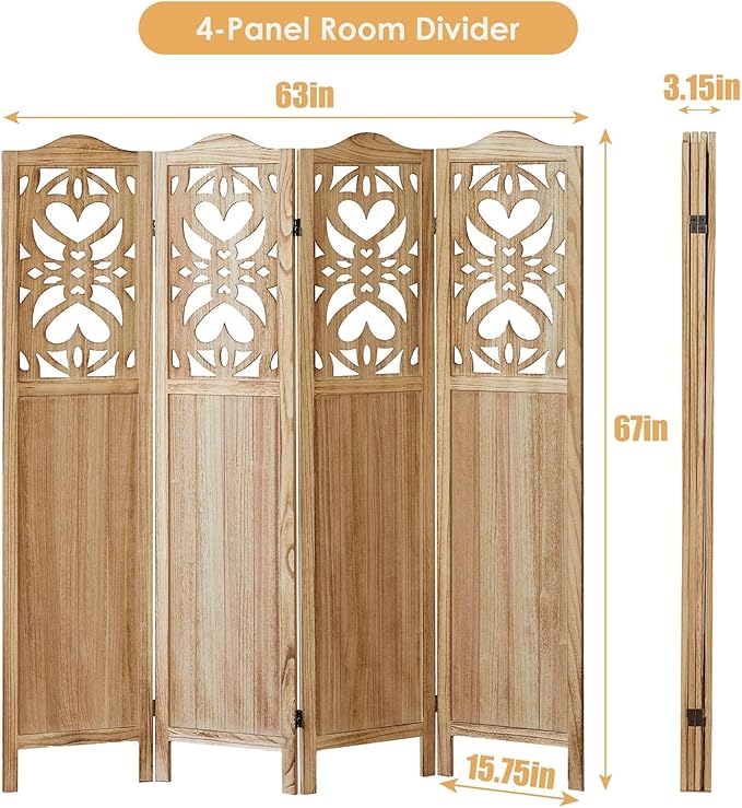 4 Panel Room Divider Fully Assembled, Carved Room Dividers and Folding Screens, 5.6Ft Wood Room Divider Screen Freestanding Partition Wall Dividers for Home Bedroom Office, Rustic Wood Color