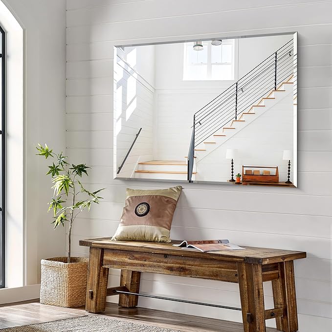 KOCUUY Beveled Mirror, 48x36 Inch Large Frameless Bathroom Mirror for Over Sink, Upgraded Shatterproof Beveled Unframed Design Mirror for Bathroom, Bedroom, Hang Horizontal/Vertical