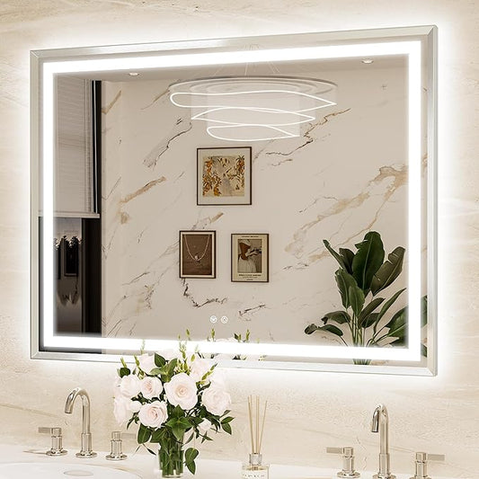 Keonjinn 48 x 36 Inch Large LED Mirror with Frontlit & Backlit, Brushed Nickel Lighted Bathroom Mirror for Wall, HD Tempered Glass, UL Listed LED Driver, Beveled Framed, 3 Color Lights, Safe Defogging