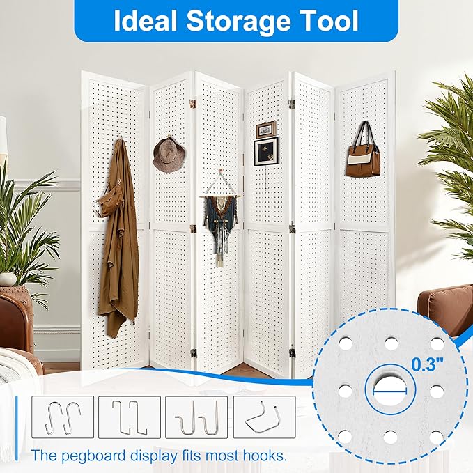 6 Panel Room Divider with Pegboard Display 5.6FT Wood PegBoard Room Dividers, Folding Privacy Screens Portable Freestanding Partition Wall Divider for Art Shows & Room Separation, White