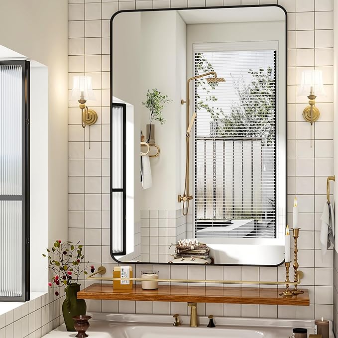 48"x36" Black Bathroom Mirror - Modern Black Mirror for Wall with Rounded Corners, Bathroom Mirrors for Vanity, Aluminum Alloy Framed Mirror Portrait or Landscape Hang, Horizontal or Vertical