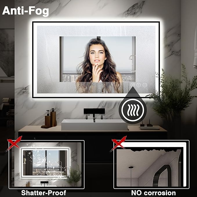 48x30 LED Bathroom Mirror - Black Aluminum Framed, Anti-Fog Lighted Vanity Mirror, Stepless Dimmable, 3 Colors Smart Mirror