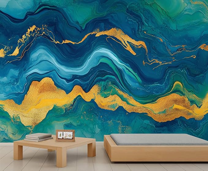 Blue Gold Marble Mural Wallpaper, 3D Turquoise Murals, Modern Fashion Marble Murals Wallpaper for Living Room Bedroom Tv Background Wall Home Decor Mural (Not Peel Stick)