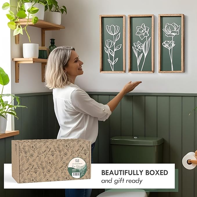 3D Floral Green Wall Art (Set of 3) Lightweight, Wooden Ready-to-Hang Boho Framed Wall Art for Bathroom, Master Bedroom, Living Room or Office - Premium Sage Green Farmhouse Decor - Gift-Boxed