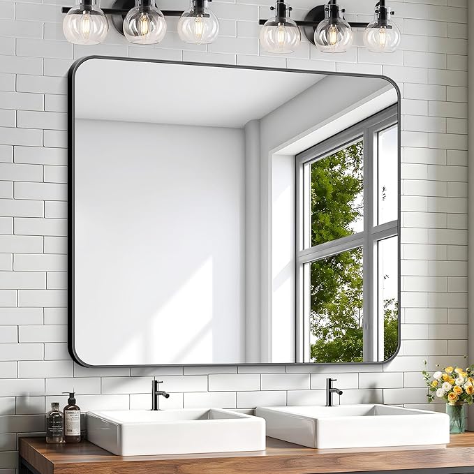 KOCUUY Bathroom Mirror 36"x40", Black Rectangle Mirrors for Wall, Large Metal Framed Vanity Mirror with Rounded Corner for Bedroom Living Room and Entryways Hangs Horizontal/Vertical