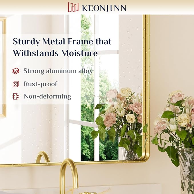 Keonjinn Gold Bathroom Mirrors for Over Sink, 32” x 36” Rounded Rectangle Brushed Gold Vanity Mirror, Anti-Rust Brass Mirror with HD Tempered Glass, Decorative Farmhouse Mirrors, Horizontal/Vertical