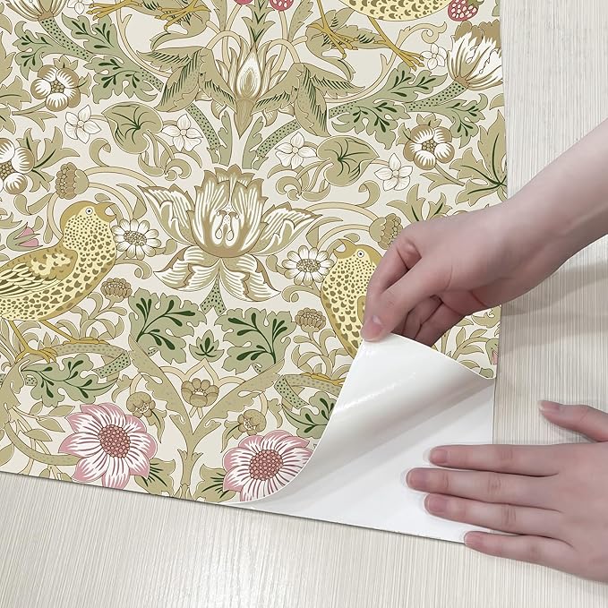 17.7x394 in White Peel and Stick Wallpaper Floral Wallpaper Flower/Strawberry/Bird Wallpaper Self Adhesive Contact Paper Removable Wall Paper for Living Room Dining Room Kitchen Decor