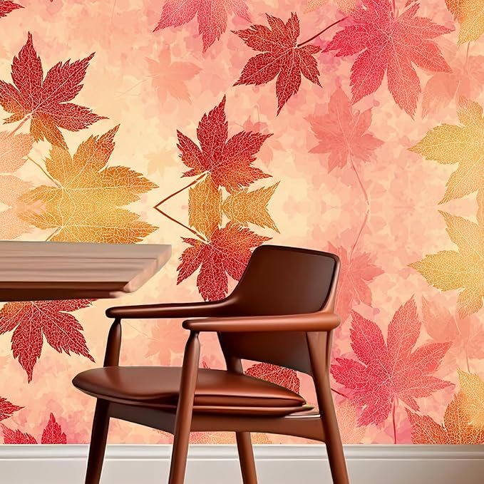 Nuxovilar Autumn Maple Leaf Beige Background Textured Peel and Stick Wallpaper, 15.75"x39.37", Self-Adhesive Contact Paper, Red Orange Foliage Pattern for Bedroom, Living Room and Table Decor