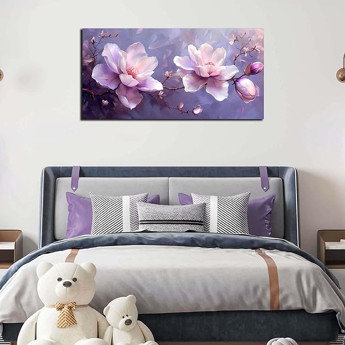 ANCXWOTER Botanical Wall Art Pink Purple Flower Artwork Modern Floral Canvas Prints for Living Room Bedroom Office Kitchen 20"x40"