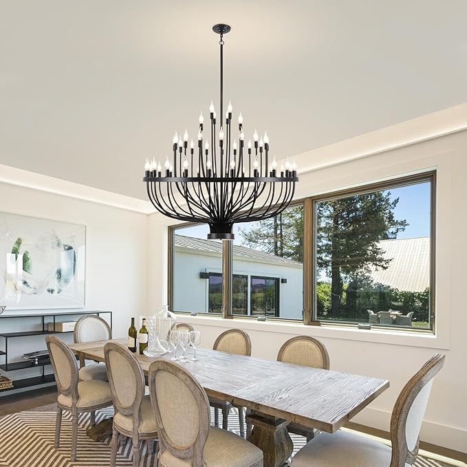 Large Black Chandelier 48 Light for High Ceilings, Big Farmhouse Wagon Wheel Chandelier for Dining Room 3-Tier 47.2 in for Hallway, Living Room, Foyer