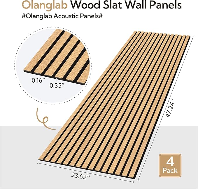 Olanglab Acoustic Wood Wall Panels 4 Pack, Sound Dampening Wood Slat Wall Panels 23.6" x 47.2", Cool Oak