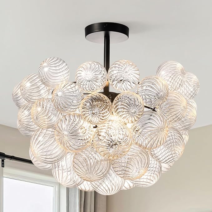 Bubble Ball Semi Flush Mount Ceiling Light Fixture,Dia 20 Inch Bubble Close to Ceiling Light Fixtures,Black Glass Crystal Semi Flush Light Fixture