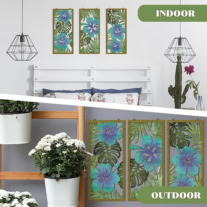 3 Pcs Tropical Wall Decor 3d Wooden Palm Leaf Wall Art Monstera Sculptures Wood Hibiscus Flowers Hanging Decor Vintage Plant Plaque for Home Bathroom 7.09 x 15.75 Inch(Fresh Style)