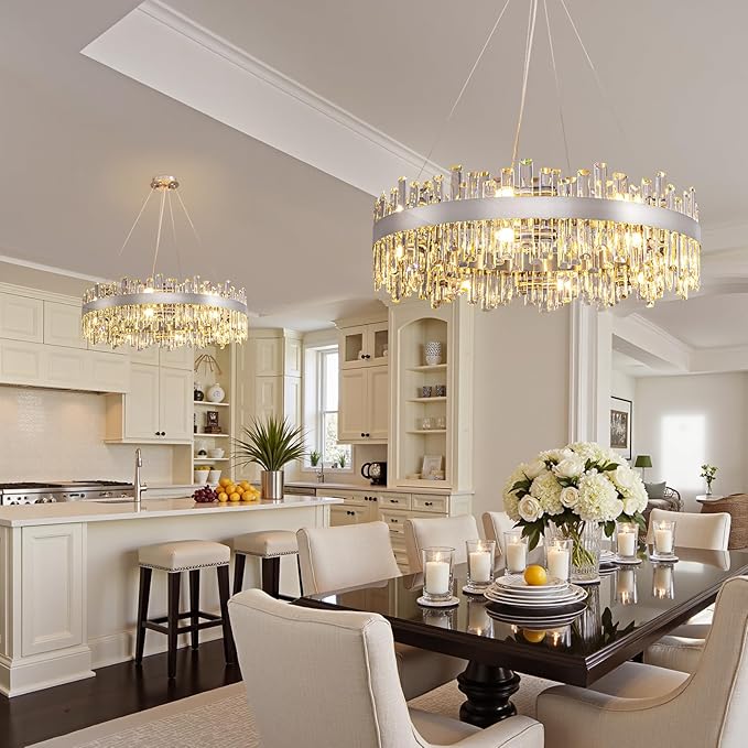Modern Dining Room Crystal Chandelier, 16-Light Chrome Silver Round Chandelier, 31.5-inch K9 Crystal Raindrop Ceiling Light, Luxury Flush Mount Light Fixture for Kitchen Living Room Entryway