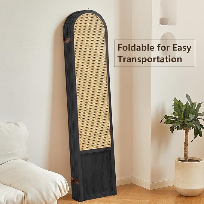 6 Panel Rattan Room Divier, Room Divider Panel and Folding Privacy Screens, Room Divider Wall, Solid Wood Frame, Partition Room Dividers, Bedroom, Lounge, Black