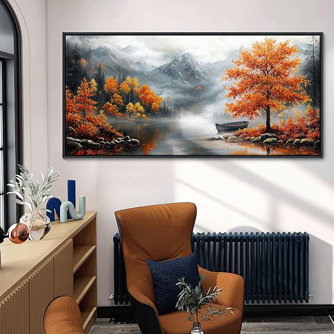 JEAWA Large Framed Canvas Painting - Landscape Wall Decor Ready to Hang, Majestic Mountain Picture, Orange Trees by the Lake Art Prints for Bedroom Living Room Home Decoration, 29x58 IN