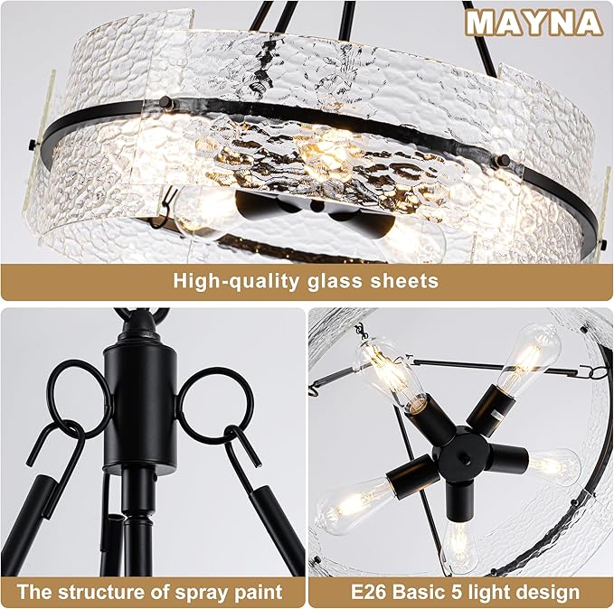 MAYNA Modern Dining Room Chandelier 22.2” Black Textured Glass Chandelier Luxury Drum Crystal Light Fixture Farmhouse Round Hanging Lighting for Dining Room Kitchen Island Living Room Hallway Bedroom