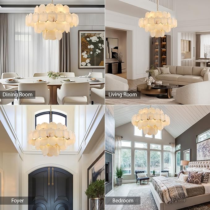 Natural Alabaster Round Chandelier, 31.5" Modern Marble Chandelier with 50 Stone Texture Panels, 12-Light Dimmable Spanish Alabaster Chandeliers for Living Room, Dining Room, Hallway