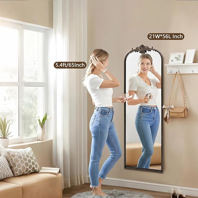 Arched Mirror Full Length: 21"x56" Black Vintage Full Body Mirror - Floor Antique Baroque Traditional Ornate for Entryway/Cloakroom/Bedroom/Living Room - Home Decor for Homemakers