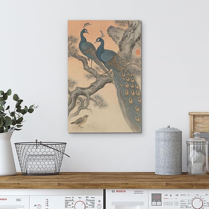 wall26 Canvas Print Wall Art Vintage Chinese Peacock Traditional Oriental Bird Rustic Dramatic Dark Duotone for Living Room, Bedroom, Office - 24"x36"