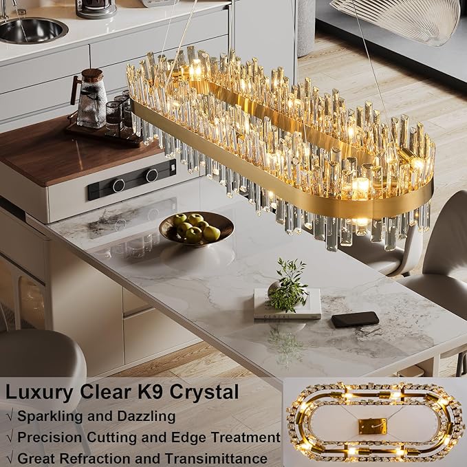 Modern Crystal Chandeliers, Luxury Gold Rectangle Light Fixture, 2-Tier Rectangular Brass Raindrop Chandelier for Dining Room, Oval Pendant Ceiling Light for Kitchen Island, L52''