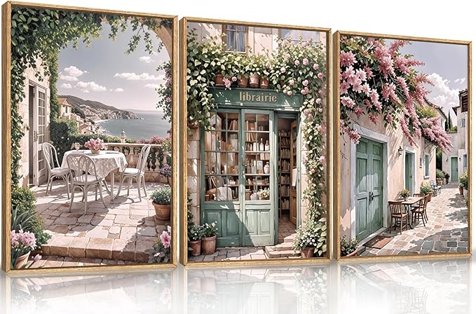 Modern French Flower Street Framed Canvas Wall Art Set,Romantic Green Landscape Wall Decor,Vintage Mediterranean Bookstore Neutral Coast Cityscape Artwork for Living Room, Bedroom-16 x24 x3