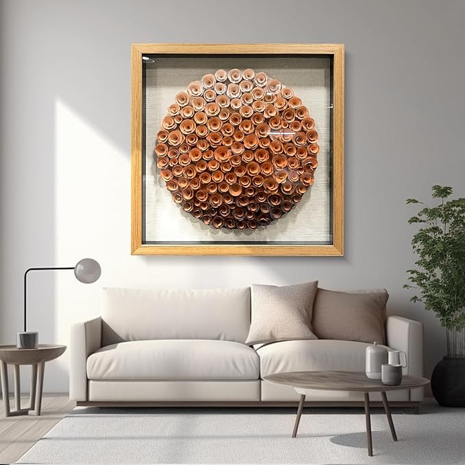 BrightA Natural Wood Paper Cylinder Wall Art Brown Gradient Color Circular Design with Earthy Tones Framed Artwork Modern Minimalist Home Decor for Living Room 23.6"x23.6"