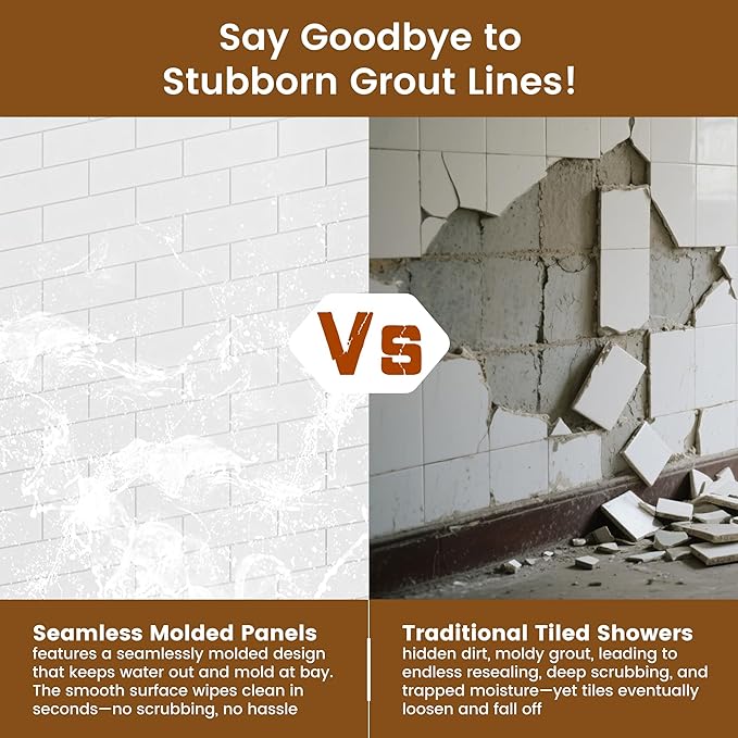 CASAINC Shower Wall Panels, Waterproof Wall Panels for Showers, Shower Surround Kit 3 Piece, 36D x 60W x 75H, Glossy White Tile Finish, SMC Material, 3.5MM Thick, Quick Install and Trimmable